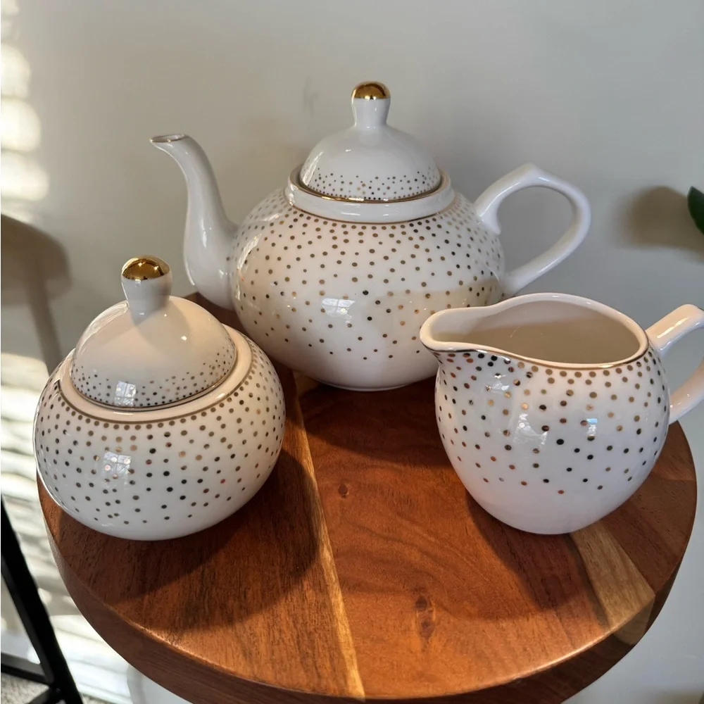 Grace's Teaware Metallic Gold Dots Teapot, Creamer, and Sugar Bowl Set